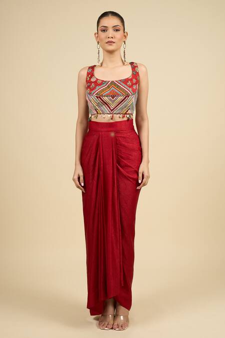 Aseem Kapoor_Maroon Tassels Round Neck Printed Jacket Skirt Set _Online_at_Aza_Fashions