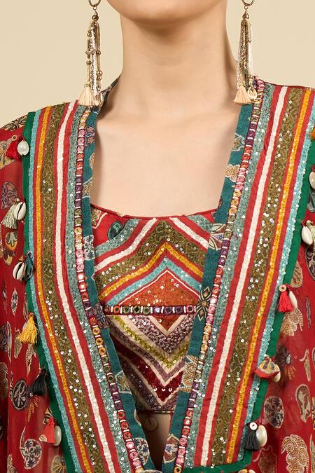 Shop_Aseem Kapoor_Maroon Tassels Round Neck Printed Jacket Skirt Set _Online_at_Aza_Fashions