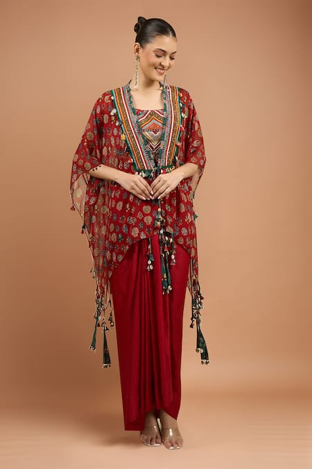 Aseem Kapoor Maroon Tassels Round Neck Printed Jacket Skirt Set 