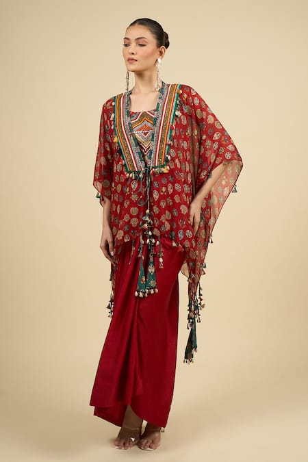 Aseem Kapoor_Maroon Tassels Round Neck Printed Jacket Skirt Set _at_Aza_Fashions