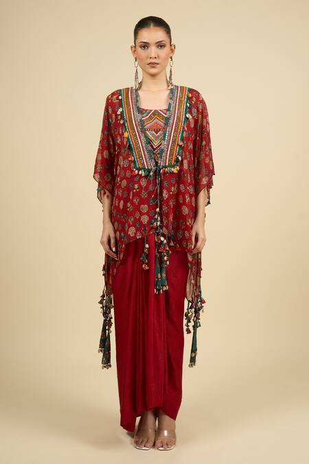 Buy_Aseem Kapoor_Maroon Tassels Round Neck Printed Jacket Skirt Set 