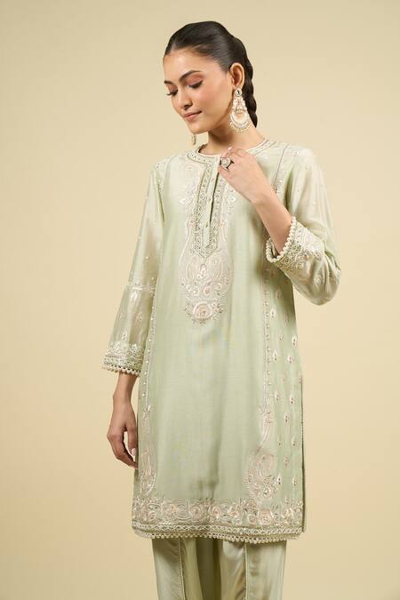 Sheetal Batra_Green Silk Sequins, Embroidery Round Neck Mint Kurta With Dhoti Pant _Online_at_Aza_Fashions