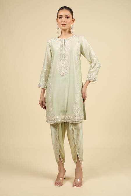 Shop_Sheetal Batra_Green Silk Sequins, Embroidery Round Neck Mint Kurta With Dhoti Pant _Online_at_Aza_Fashions