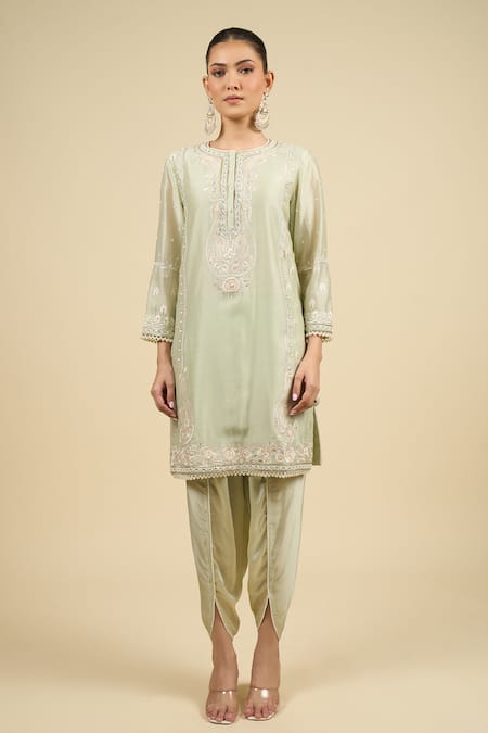Sheetal Batra_Green Silk Sequins, Embroidery Round Neck Mint Kurta With Dhoti Pant _at_Aza_Fashions