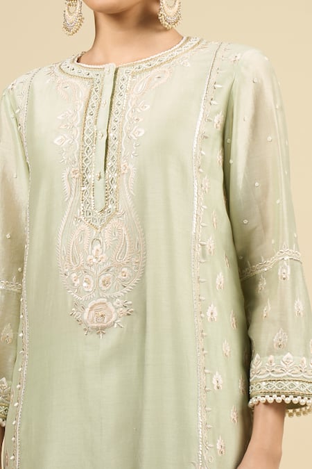 Buy_Sheetal Batra_Green Silk Sequins, Embroidery Round Neck Mint Kurta With Dhoti Pant 