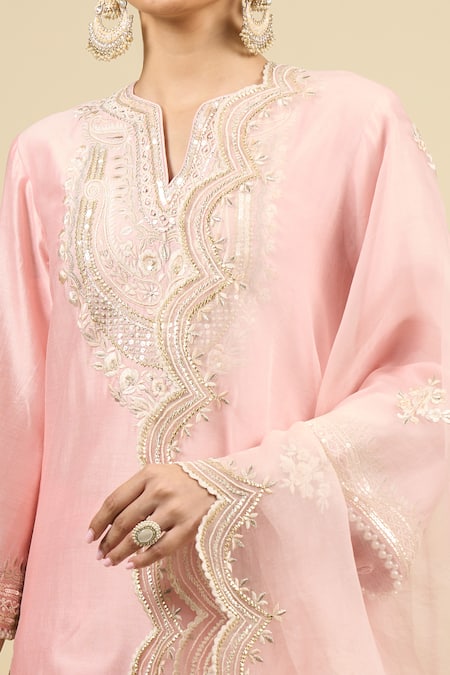 Sheetal Batra Pink Silk Embroidery Split V-neck Blush Short Kurta Salwar Set Online at Aza Fashions Sheetal Batra_Pink Silk Embroidery Split V-neck Blush Short Kurta Salwar Set _Online_at_Aza_Fashions