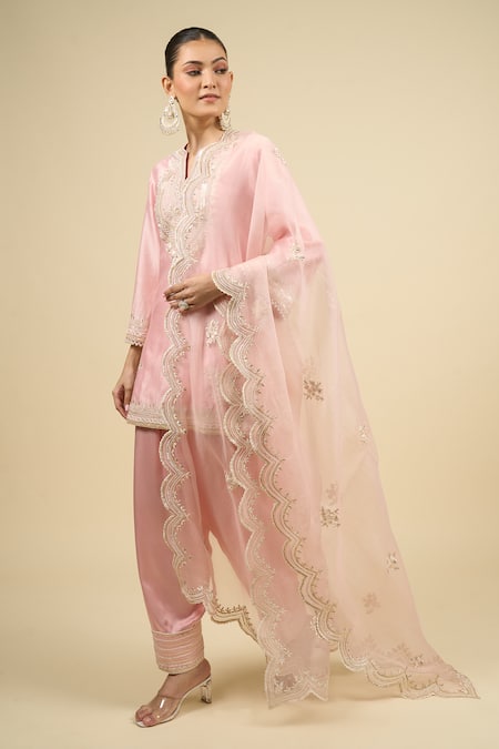 Buy Sheetal Batra Pink Silk Embroidery Split V-neck Blush Short Kurta Salwar Set Online at Aza Fashions Buy_Sheetal Batra_Pink Silk Embroidery Split V-neck Blush Short Kurta Salwar Set _Online_at_Aza_Fashions