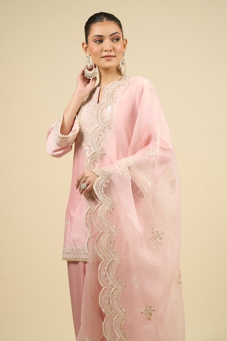 Buy Sheetal Batra Pink Silk Embroidery Split V-neck Blush Short Kurta Salwar Set Buy_Sheetal Batra_Pink Silk Embroidery Split V-neck Blush Short Kurta Salwar Set