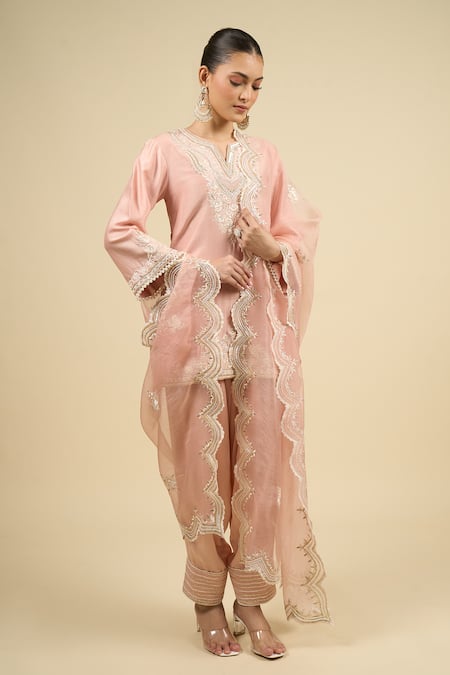 Sheetal Batra Pink Silk, Chiffon Embroidery Split V-neck Off Rose Short Kurta Salwar Set Online at Aza Fashions Sheetal Batra_Pink Silk, Chiffon Embroidery Split V-neck Off Rose Short Kurta Salwar Set _Online_at_Aza_Fashions