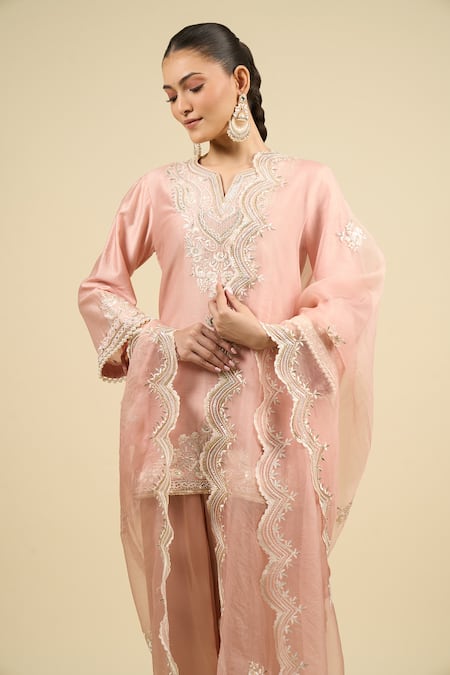 Buy Sheetal Batra Pink Silk, Chiffon Embroidery Split V-neck Off Rose Short Kurta Salwar Set Online at Aza Fashions Buy_Sheetal Batra_Pink Silk, Chiffon Embroidery Split V-neck Off Rose Short Kurta Salwar Set _Online_at_Aza_Fashions