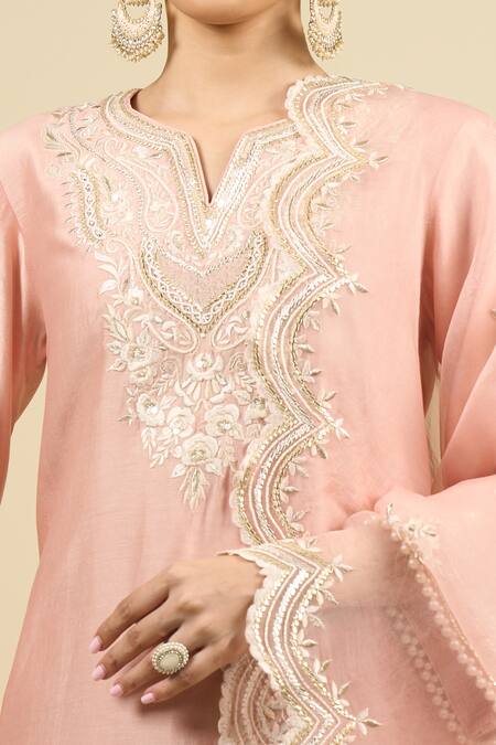 Shop Sheetal Batra Pink Silk, Chiffon Embroidery Split V-neck Off Rose Short Kurta Salwar Set Online at Aza Fashions Shop_Sheetal Batra_Pink Silk, Chiffon Embroidery Split V-neck Off Rose Short Kurta Salwar Set _Online_at_Aza_Fashions