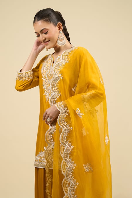 Buy Sheetal Batra Yellow Cotton Embroidery Split V-neck Mustard Short Kurta Salwar Set Online at Aza Fashions Buy_Sheetal Batra_Yellow Cotton Embroidery Split V-neck Mustard Short Kurta Salwar Set _Online_at_Aza_Fashions