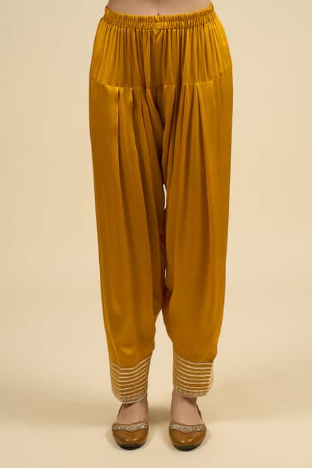 Buy Sheetal Batra Yellow Cotton Embroidery Split V-neck Mustard Short Kurta Salwar Set Buy_Sheetal Batra_Yellow Cotton Embroidery Split V-neck Mustard Short Kurta Salwar Set