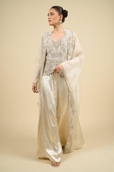 Anamika Khanna_Ivory Silk, Satin Embroidery V-neck Silver Cape Palazzo Set _Online_at_Aza_Fashions