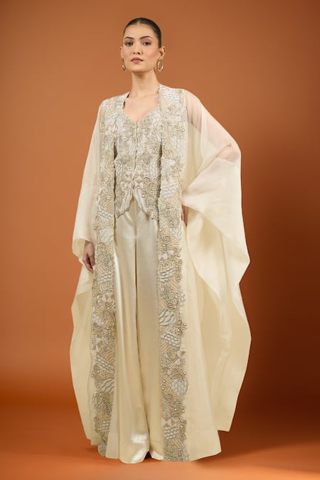Anamika Khanna Ivory Silver Cape Palazzo Set 