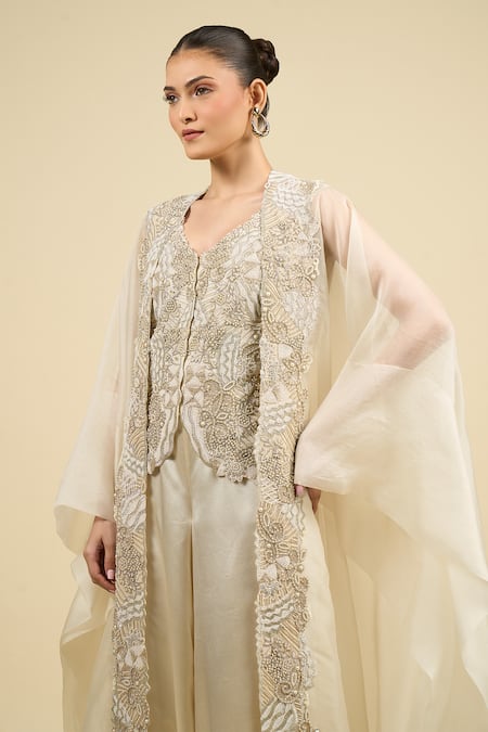 Buy_Anamika Khanna_Ivory Silk, Satin Embroidery V-neck Silver Cape Palazzo Set _Online_at_Aza_Fashions