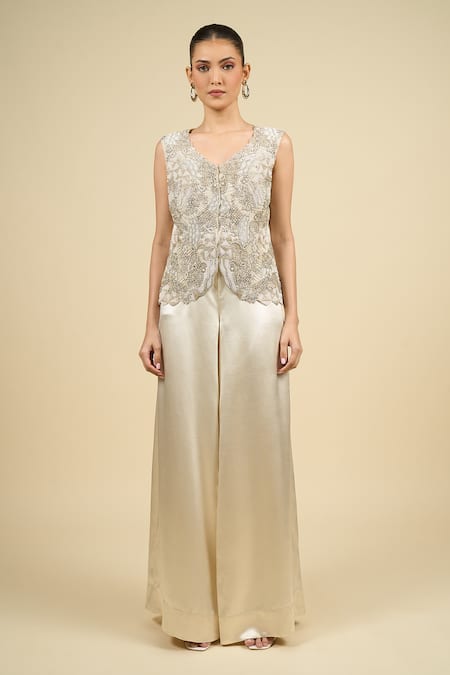 Anamika Khanna_Ivory Silk, Satin Embroidery V-neck Silver Cape Palazzo Set _at_Aza_Fashions