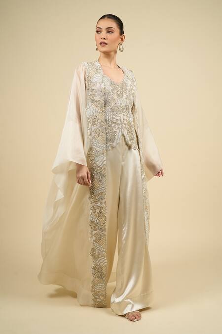 Buy_Anamika Khanna_Ivory Silk, Satin Embroidery V-neck Silver Cape Palazzo Set 