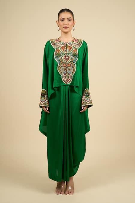 Shop Anamika Khanna Green Emerald Embroidered Boxy Top And Skirt Set Online at Aza Fashions Shop_Anamika Khanna_Green Emerald Embroidered Boxy Top And Skirt Set _Online_at_Aza_Fashions