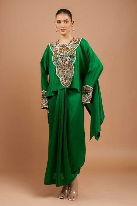 Anamika Khanna Emerald Embroidered Boxy Top & Skirt Set 