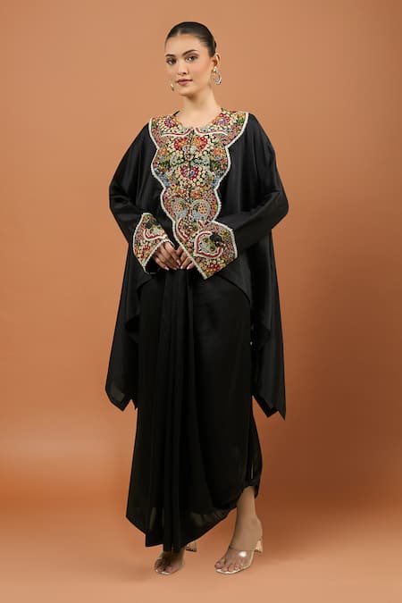 Anamika Khanna Black Embroidered Cape Top Dress Set 