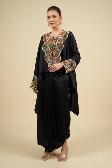 Buy_Anamika Khanna_Black Chiffon Embroidered Cape Top Dress Set_Online_at_Aza_Fashions