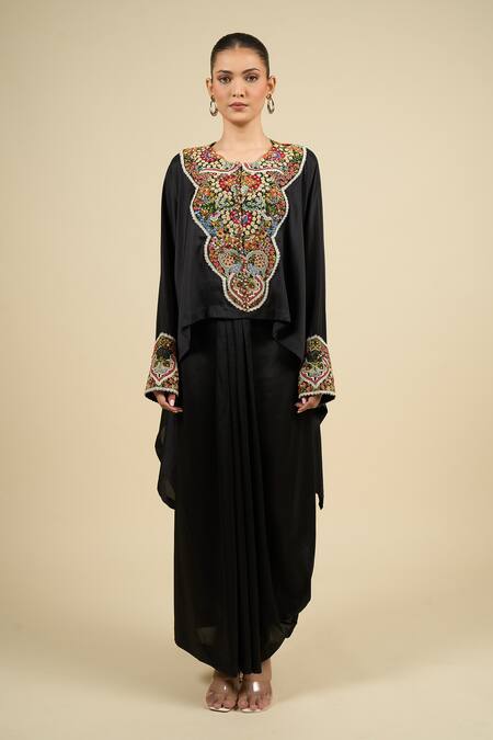 Shop_Anamika Khanna_Black Chiffon Embroidered Cape Top Dress Set_Online_at_Aza_Fashions