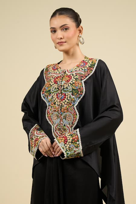 Anamika Khanna_Black Chiffon Embroidered Cape Top Dress Set_at_Aza_Fashions