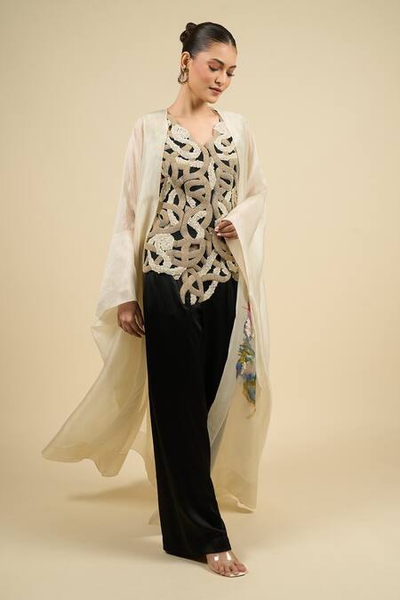 Buy Anamika Khanna Off White Chiffon Beads, Sequins V-neck Embroidered Cape Set Online at Aza Fashions Buy_Anamika Khanna_Off White Chiffon Beads, Sequins V-neck Embroidered Cape Set _Online_at_Aza_Fashions