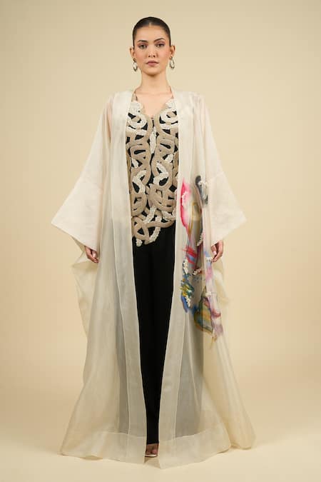 Anamika Khanna Off White Chiffon Beads, Sequins V-neck Embroidered Cape Set at Aza Fashions Anamika Khanna_Off White Chiffon Beads, Sequins V-neck Embroidered Cape Set _at_Aza_Fashions