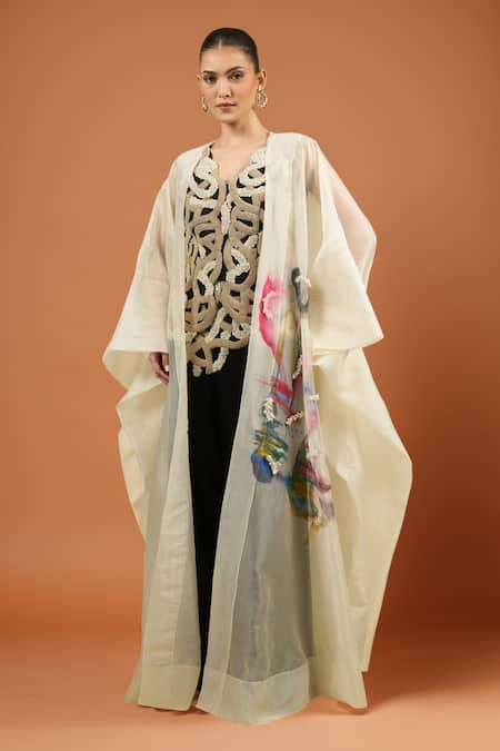 Anamika Khanna Off-White Embroidered Cape Set 