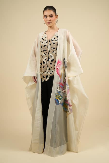Buy Anamika Khanna Off White Chiffon Beads, Sequins V-neck Embroidered Cape Set Buy_Anamika Khanna_Off White Chiffon Beads, Sequins V-neck Embroidered Cape Set