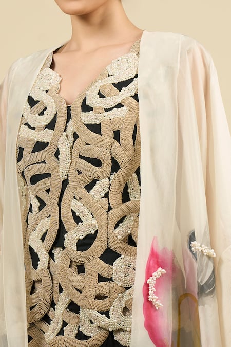 Shop Anamika Khanna Off White Chiffon Beads, Sequins V-neck Embroidered Cape Set Shop_Anamika Khanna_Off White Chiffon Beads, Sequins V-neck Embroidered Cape Set