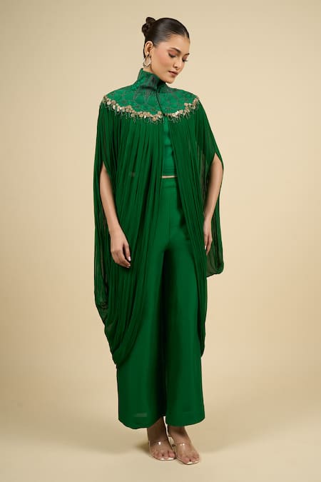 Anamika Khanna_Emerald Green Mandarin Collar Capelet Dress Set_Online_at_Aza_Fashions