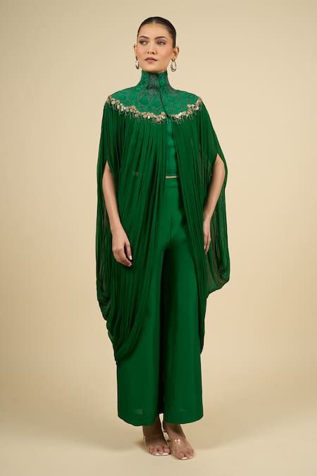Buy_Anamika Khanna_Emerald Green Mandarin Collar Capelet Dress Set_Online_at_Aza_Fashions