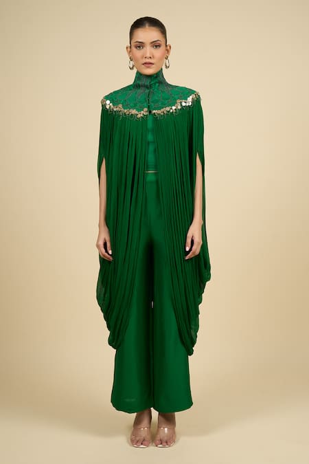Shop_Anamika Khanna_Emerald Green Mandarin Collar Capelet Dress Set_Online_at_Aza_Fashions