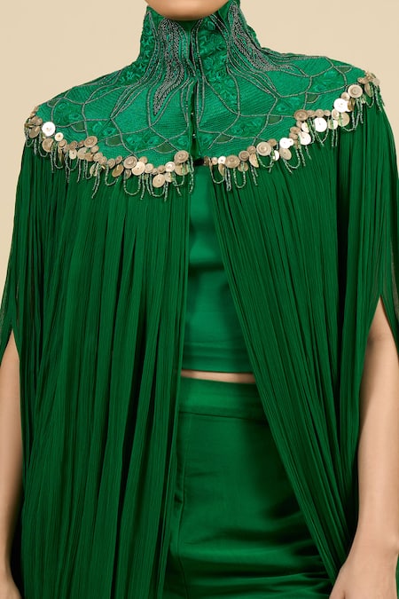 Anamika Khanna_Emerald Green Mandarin Collar Capelet Dress Set_at_Aza_Fashions