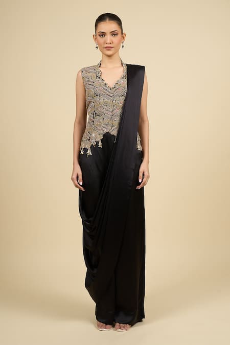 Anamika Khanna Black Tassels, Zari V-neck Zardosi Waistcoat Dress Set Online at Aza Fashions Anamika Khanna_Black Tassels, Zari V-neck Zardosi Waistcoat Dress Set _Online_at_Aza_Fashions