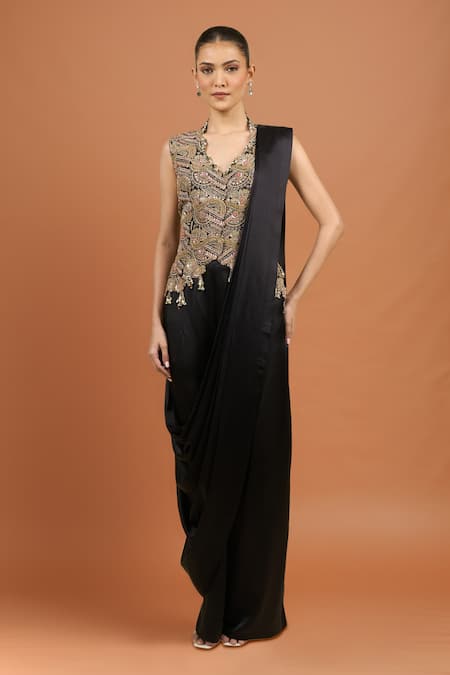 Anamika Khanna Black Zardosi Waistcoat Dress Set 