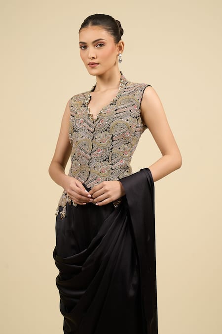 Buy Anamika Khanna Black Tassels, Zari V-neck Zardosi Waistcoat Dress Set Online at Aza Fashions Buy_Anamika Khanna_Black Tassels, Zari V-neck Zardosi Waistcoat Dress Set _Online_at_Aza_Fashions