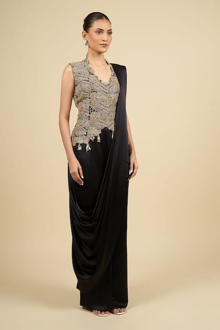 Shop Anamika Khanna Black Tassels, Zari V-neck Zardosi Waistcoat Dress Set Online at Aza Fashions Shop_Anamika Khanna_Black Tassels, Zari V-neck Zardosi Waistcoat Dress Set _Online_at_Aza_Fashions
