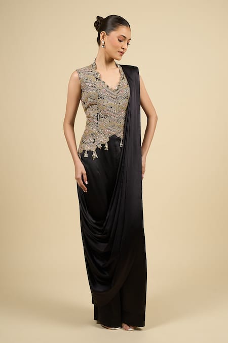 Anamika Khanna Black Tassels, Zari V-neck Zardosi Waistcoat Dress Set at Aza Fashions Anamika Khanna_Black Tassels, Zari V-neck Zardosi Waistcoat Dress Set _at_Aza_Fashions