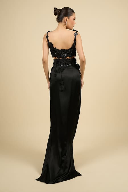 Shop Anamika Khanna Black Silk Embroidery, Sequins Asymmetric Skirt Set at Aza Fashions Shop_Anamika Khanna_Black Silk Embroidery, Sequins Asymmetric Skirt Set _at_Aza_Fashions