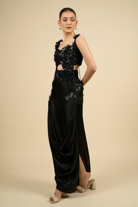 Anamika Khanna Black Silk Embroidery, Sequins Asymmetric Skirt Set Online at Aza Fashions Anamika Khanna_Black Silk Embroidery, Sequins Asymmetric Skirt Set _Online_at_Aza_Fashions