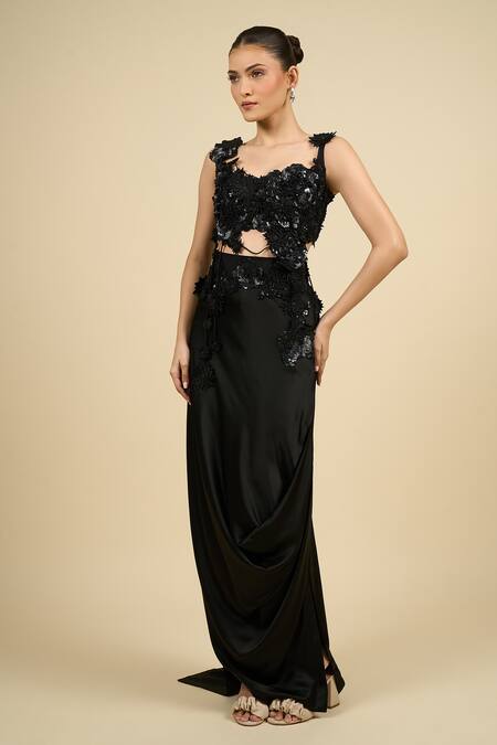 Shop Anamika Khanna Black Silk Embroidery, Sequins Asymmetric Skirt Set Online at Aza Fashions Shop_Anamika Khanna_Black Silk Embroidery, Sequins Asymmetric Skirt Set _Online_at_Aza_Fashions
