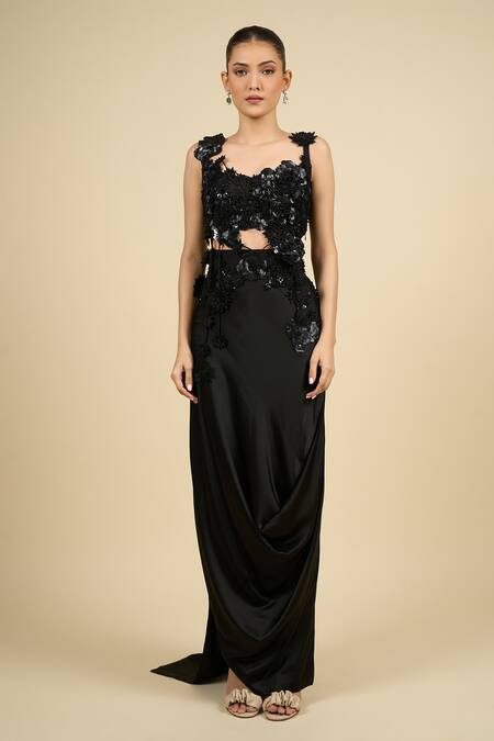 Anamika Khanna Black Silk Embroidery, Sequins Asymmetric Skirt Set at Aza Fashions Anamika Khanna_Black Silk Embroidery, Sequins Asymmetric Skirt Set _at_Aza_Fashions