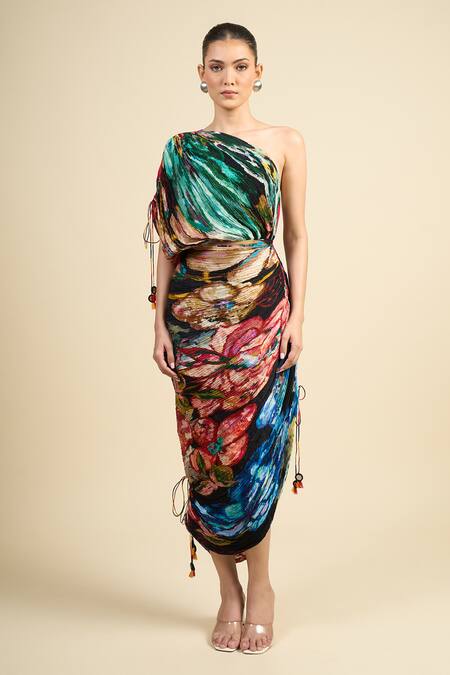 Shop_Saaksha & Kinni_Multi Color Cotton Tassels Asymmetric Mira Designer Dress _Online_at_Aza_Fashions