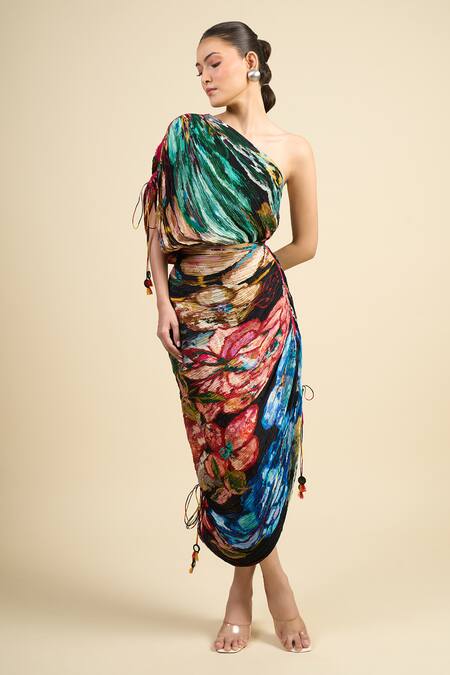 Saaksha & Kinni_Multi Color Cotton Tassels Asymmetric Mira Designer Dress _at_Aza_Fashions