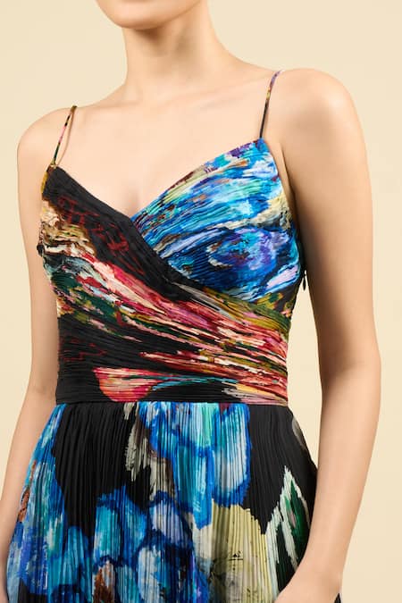 Saaksha & Kinni_Multi Color Chiffon V-neck Harlow Dress _Online_at_Aza_Fashions