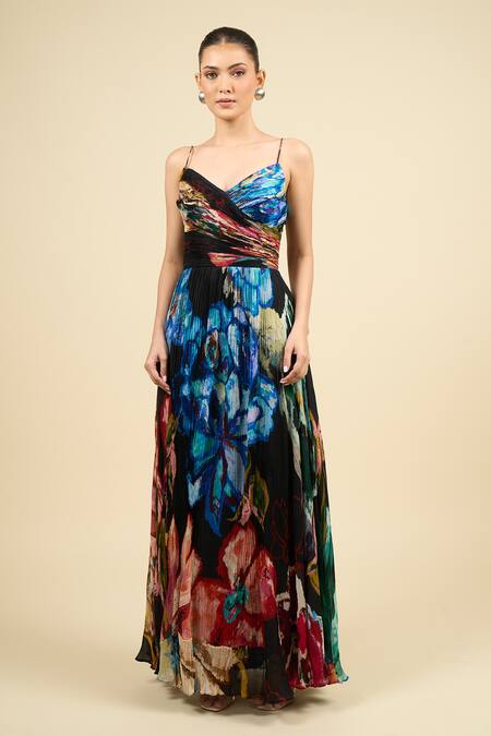 Buy_Saaksha & Kinni_Multi Color Chiffon V-neck Harlow Dress _Online_at_Aza_Fashions